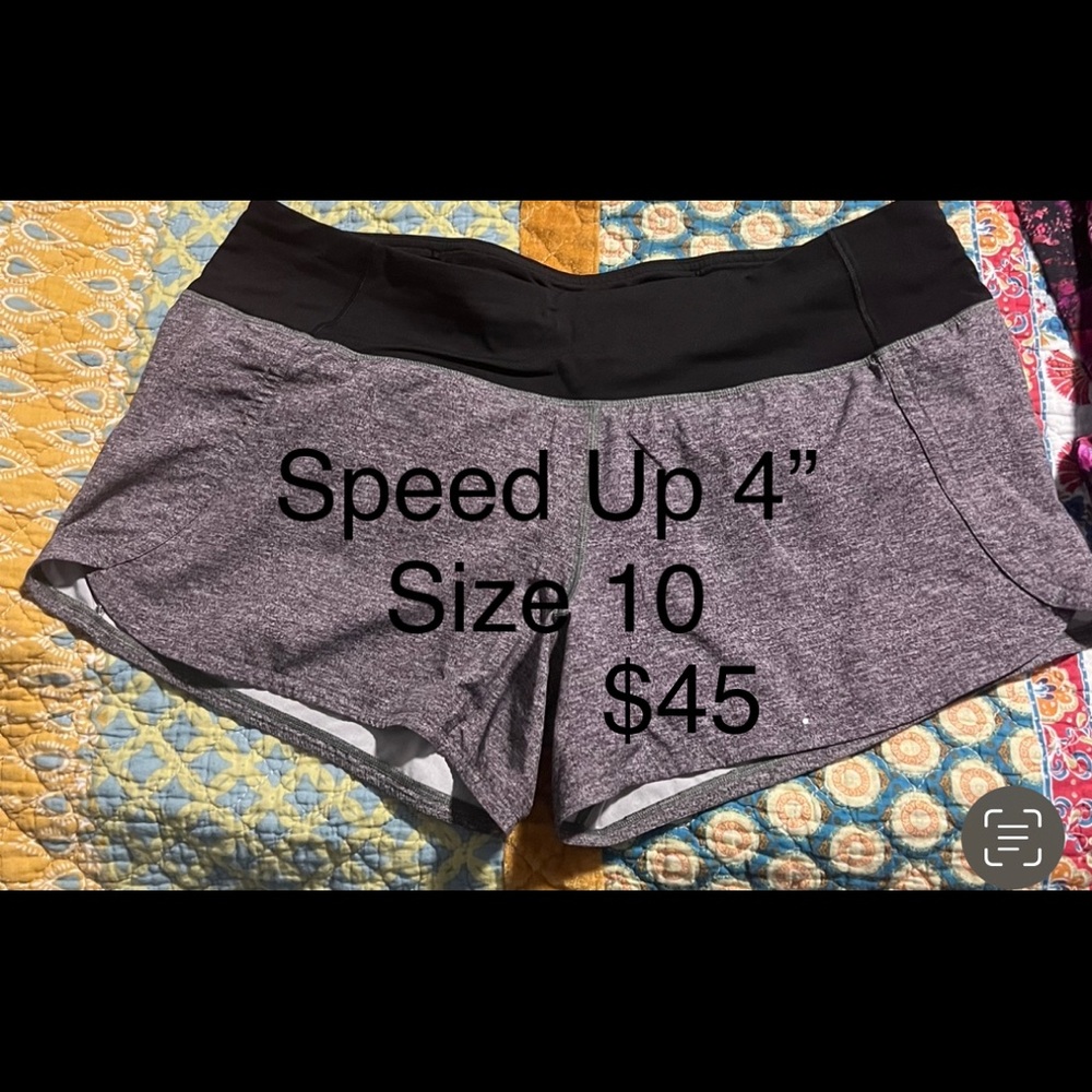 Lululemon speed up shorts, gray, 4” inseam, size 10